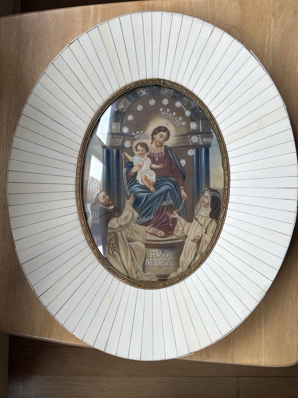 Victorian Our Lady of the Holy Rosary Pompeii Hand Painting Ornate Inlaid Frame